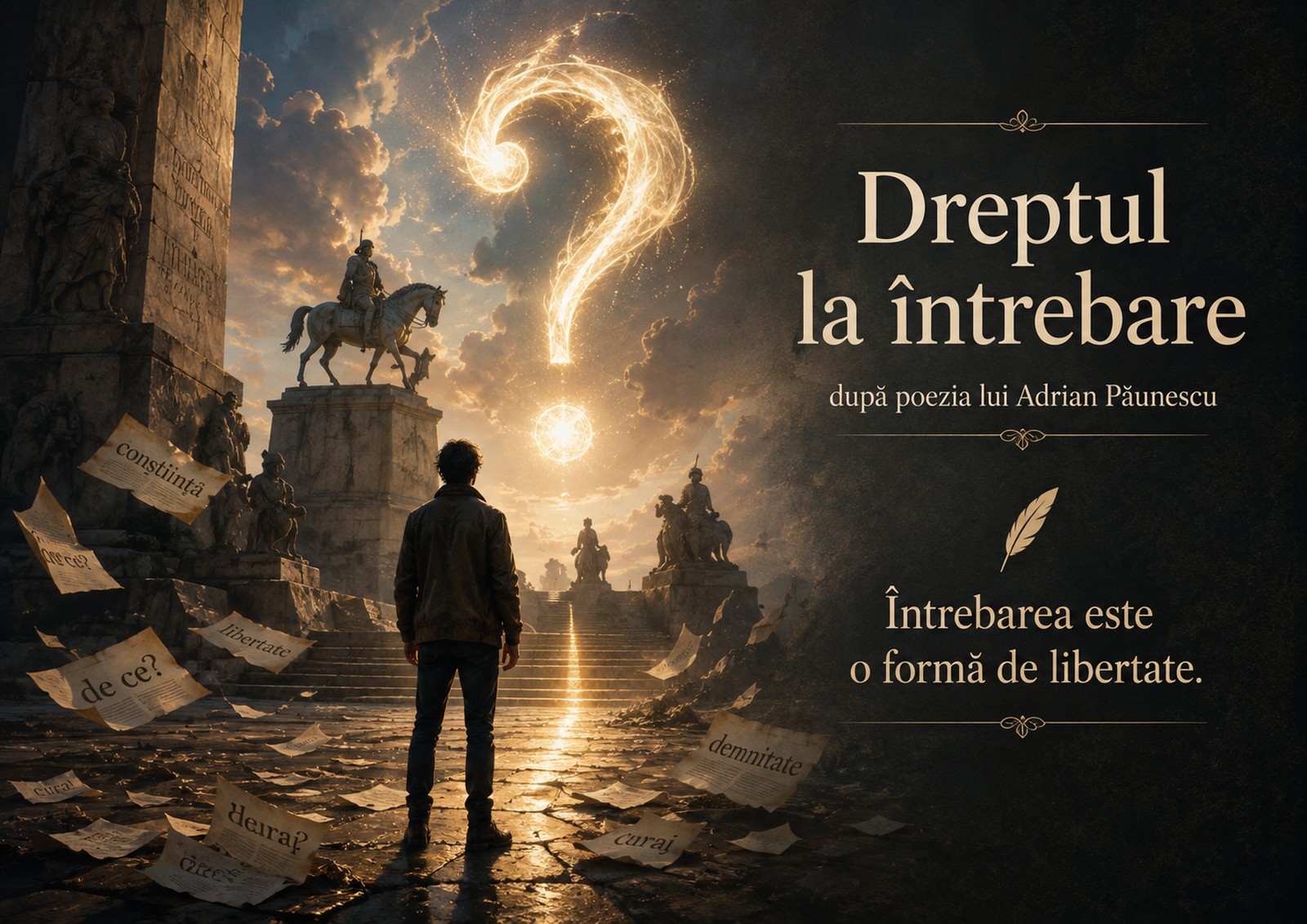 Un om privește un uriaș semn de întrebare luminos, între monumente și foi purtate de vânt